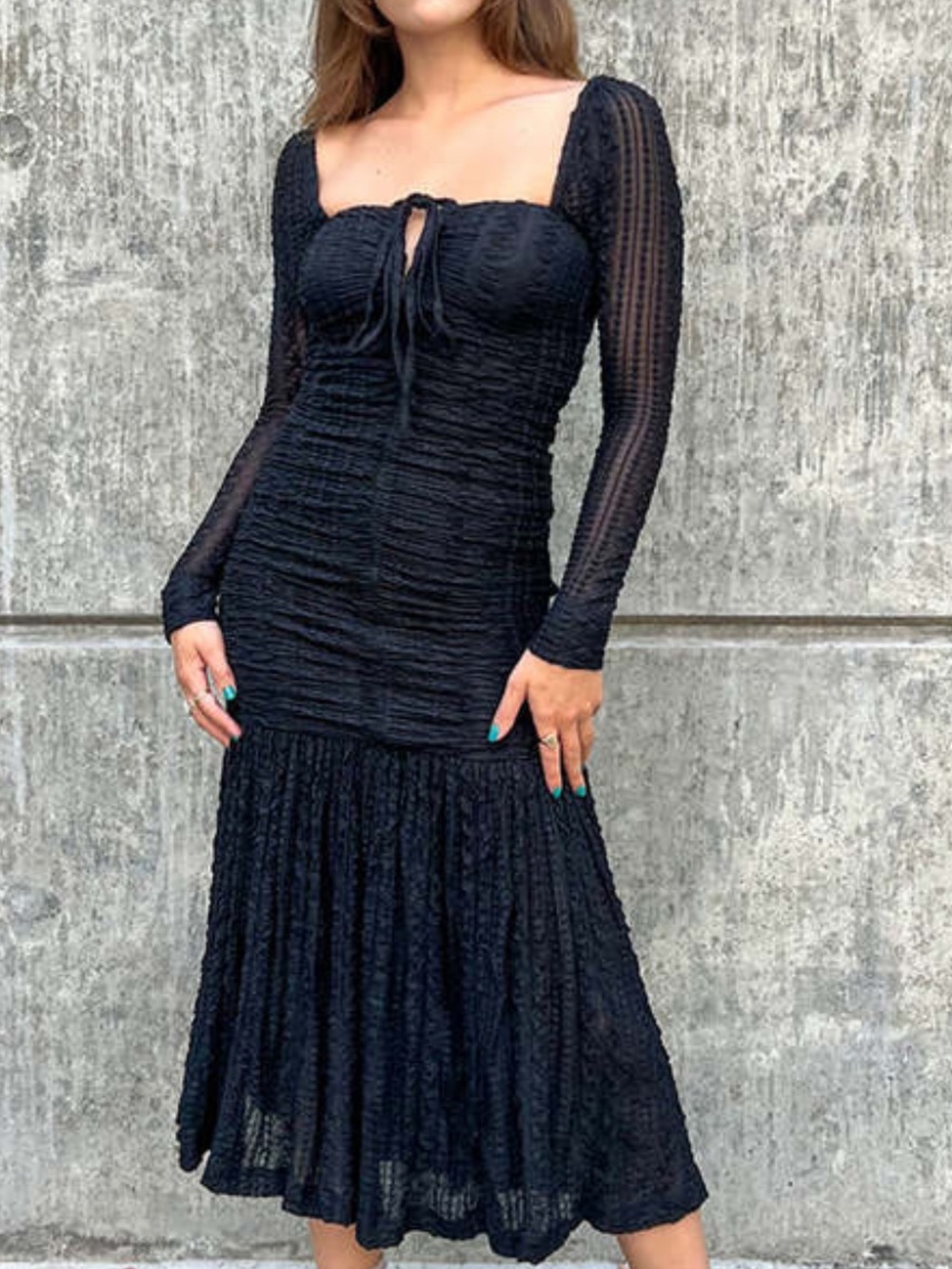 Ganni Black Ruched Long-Sleeve Midi Dress
